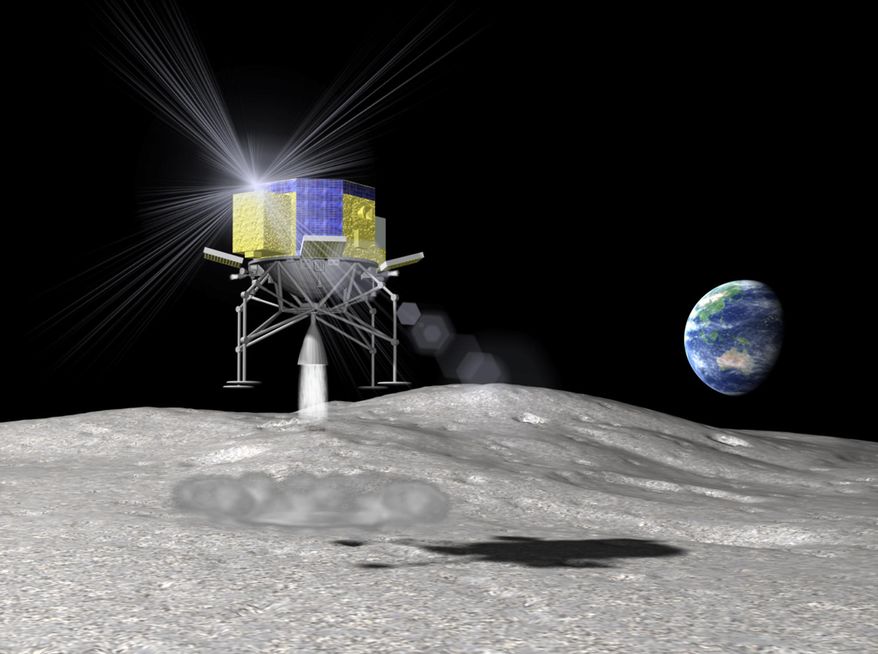 In this artist rendering released by the Japan Aerospace Exploration Agency, or JAXA, Monday, April 20, 2015, the space explorer named SLIM (Smart Lander for Investigating Moon) lands on the moon. Japan's space agency is considering an unmanned mission to the moon by 2018 or early 2019, part of an effort to beef up aerospace technology and keep pace with China and other emerging powers. The JAXA included the possibility of a lunar landing in the fiscal year that begins April 1, 2018, in its summary of moon exploration plans by Japan and other countries. (The Japan Aerospace Exploration Agency via AP)