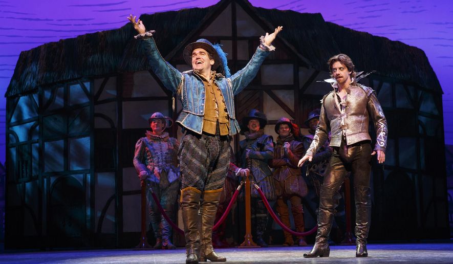 This image released by Boneau/Bryan Brown shows Brian D&#39;Arcy James, left, and Christian Borle during a performance of &amp;quot;Something Rotten,&amp;quot; in New York. (Joan Marcus/Boneau/Bryan Brown via AP)