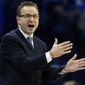 FILE - In this Feb. 25, 2015, file photo, Oklahoma City Thunder coach Scott Brooks gestures to his team during the fourth quarter of an NBA basketball game against the Indiana Pacers in Oklahoma City. The Thunder fired Brooks on Wednesday, April 22, 2015. (AP Photo/Sue Ogrocki, File0
