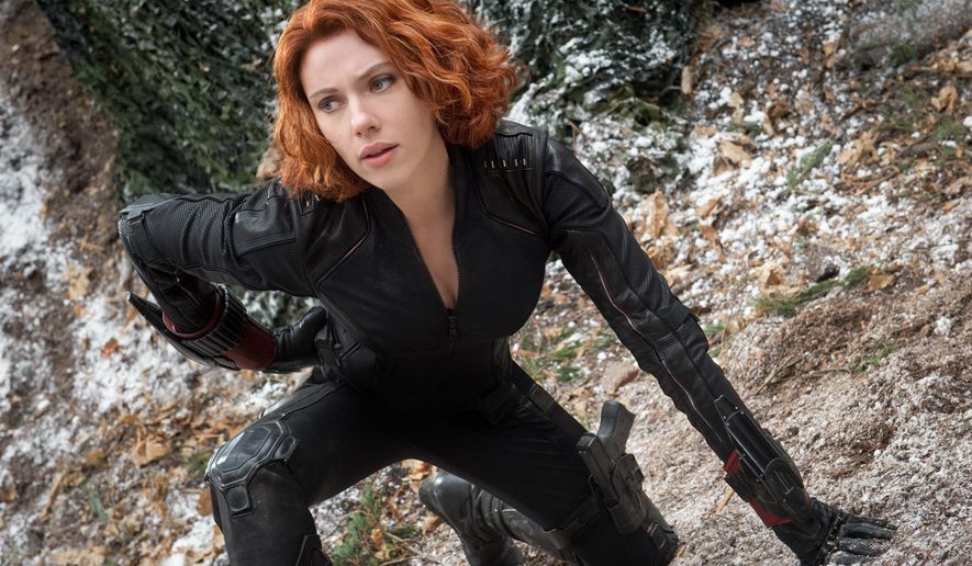 Scarlett Johansson appears as Black Widow/Natasha Romanoff in the film, &quot;Avengers: Age Of Ultron.&quot; The movie releases in the U.S. on May 1, 2015.  (Jay Maidment/Disney/Marvel via AP) ** FILE **