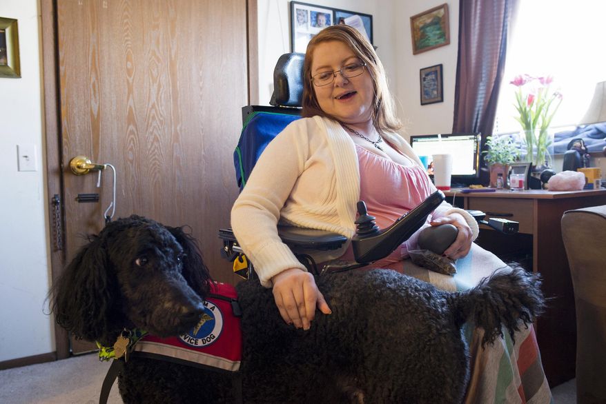 In this Feb. 27, 2015 photo, Julianne Smith sits with her service dog, Lincoln, at her home in Peoria, Ill. Smith, 34, diagnosed with Type 2 spinal muscular atrophy that limits the muscle mobility, has minor weakness in small muscles like her hands and toes but major weakness in large muscles. Lincoln and Smith were brought together through Paws Giving Independence, a local organization that acquires dogs — many of them rescues — and trains them as service dogs to assist people with a variety of disabilities. (Austin Humphreys/Journal Star via AP)