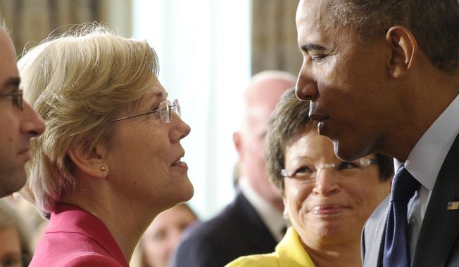 Sen. Elizabeth Warren, D-Mass., left, talks with President Barack Obama following a statement with Richard Cordray, the new director of the Consumer Financial Protection Bureau, in the State Dining Room of the White House in Washington. (AP Photo/Susan Walsh, File)