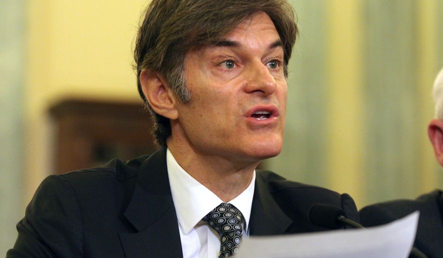 FILE - In this June 17, 2014, file photo, Dr. Mehmet Oz, vice chairman and professor of surgery, Columbia University College of Physicians and Surgeons, testifies on Capitol Hill in Washington. Oz is fighting back against critics who are trying to get him removed from a faculty position at Columbia University. Dr. Mehmet Oz will air an episode of his syndicated talk show on Thursday that specifically takes on the group of 10 doctors from around the country who wrote to a Columbia dean about him. The group suggested last week that Oz promotes “quack treatments” of weight loss supplements with no scientific proof that they work. (AP Photo/Lauren Victoria Burke, File)