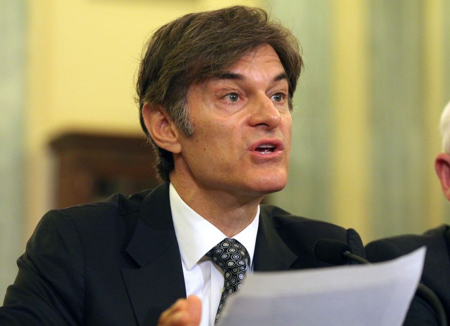 FILE - In this June 17, 2014, file photo, Dr. Mehmet Oz, vice chairman and professor of surgery, Columbia University College of Physicians and Surgeons, testifies on Capitol Hill in Washington. Oz is fighting back against critics who are trying to get him removed from a faculty position at Columbia University. Dr. Mehmet Oz will air an episode of his syndicated talk show on Thursday that specifically takes on the group of 10 doctors from around the country who wrote to a Columbia dean about him. The group suggested last week that Oz promotes “quack treatments” of weight loss supplements with no scientific proof that they work. (AP Photo/Lauren Victoria Burke, File)