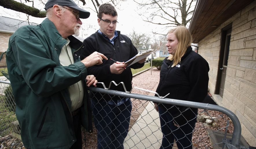 ADVANCE FOR USE SATURDAY, APRIL 25 AND THEREAFTER - In this March 25, 2015 photo, Eastern Illinois University visiting professor Mike Jackson, left, works with EIU historical administration students Brian Failing, center, and Amy Wywialowski, at the Richard Roytek home in Mattoon, Ill., that is owned by Steve Thompson. The home was the subject of some meticulous research by students from EIU’s Historical Preservation class as they worked their way across the grounds, both inside and out, taking measurements of every wall, window and stone. (Kevin Kilhoffer/Journal Gazette via AP)