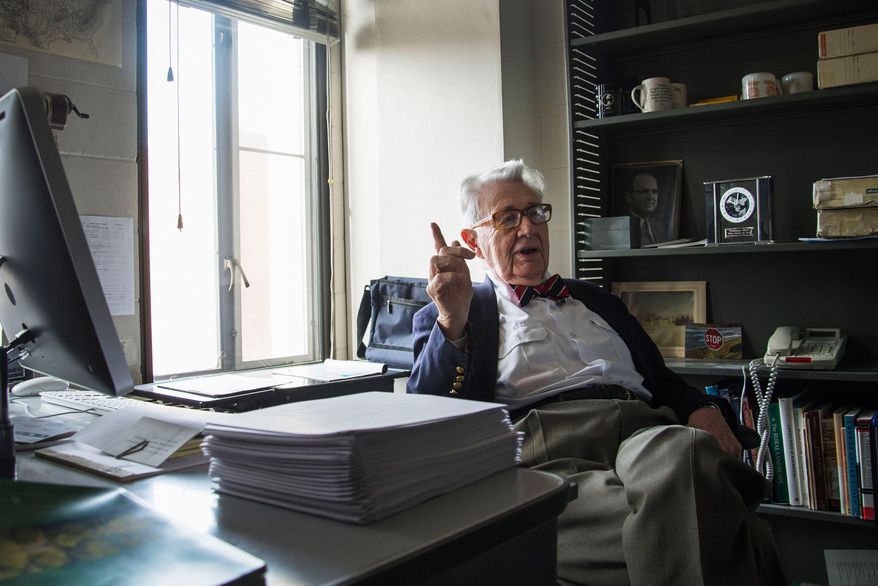 Geography professor John Fraser Hart talks about his teaching career in his office in the Social Sciences building on Wednesday, April 15, 2015 in Minneapolis. Hart, 91, has been teaching at the University for 48 years and plans to retire after this semester. (Holly Peterson/The Minnesota Daily via AP)