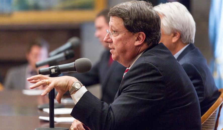 House Majority Leader Mark Norris speaks about the conclusion of the legislative session at a news conference at the state Capitol in Nashville, Tenn., on Thursday, April 23, 2015. (AP Photo/Erik Schelzig)