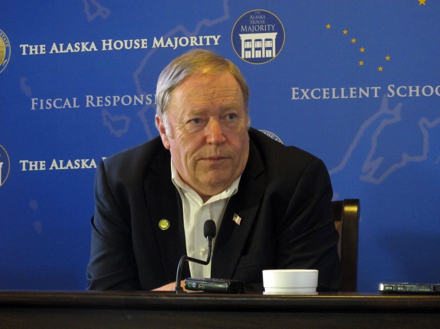 House Speaker Mike Chenault addresses reporters as the extended legislative session continued on Friday, April 24, 2015, in Juneau, Alaska. (AP Photo/Becky Bohrer)