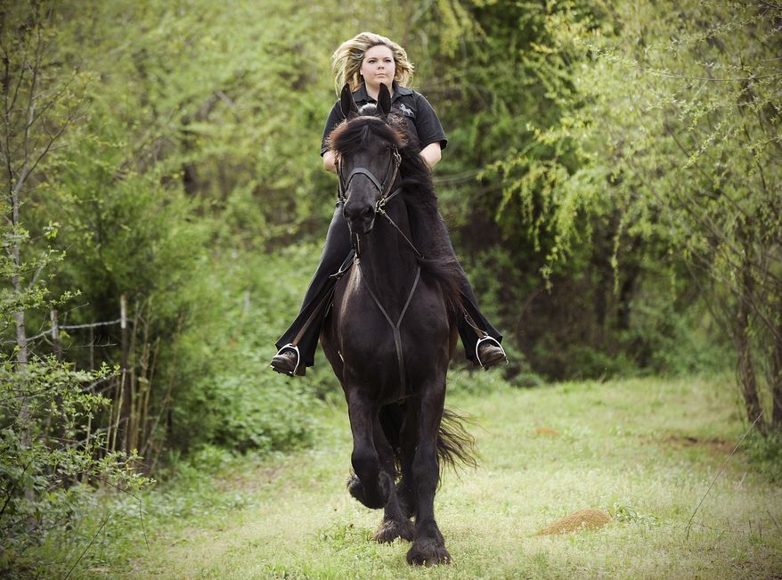 In this Thursday, April 9, 2015 photo, Hannah Padgett trains Cobus, a champion Friesian horse, at Twin Lake Stables in Moulton, Ala. For more than 20 years, Twin Lakes Stable in Lawrence County has boarded American Saddlebred horses and Hackney ponies that have won world championship horse shows. But owner Hannah Padgett, 30, and Western-style riding instructor Taylor Padgett, 21, have picked up a side hobby: rehabilitating up to 15 horses a year since 2000. (Jeronimo Nisa/The Decatur Daily via AP) MANDATORY CREDIT