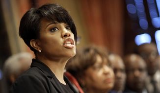 Baltimore Mayor Stephanie Rawlings-Blake speaks in front of local faith leaders at a news conference regarding the death of Freddie Gray, Friday, April 24, 2015, in Baltimore. (AP Photo/Patrick Semansky) ** FILE **
