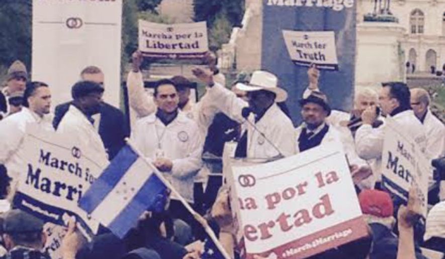 New York State Sen. Ruben Diaz led the crowd in cheers for &quot;marriage as God ordained&quot; at the March for Marriage Saturday. After the noon rally, marchers went to the Supreme Court to pray for the justices, the people and the nation. (Image: Cheryl Wetzstein, The Washington Times)