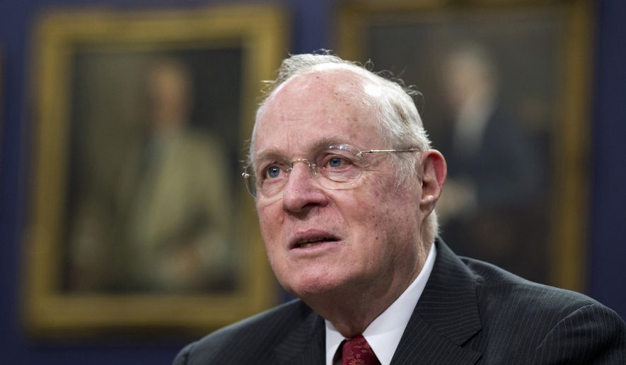 FILE - In this March 23, 2015 file photo, Supreme Court Associate Justice Anthony Kennedy testifies on Capitol Hill in Washington. The Irish Catholic boy who came of age in Sacramento after World War II is an unlikely candidate to be the author of the Supreme Court’s major gay rights rulings. But those who have known Justice Anthony Kennedy for decades and scholars who have studied his work said he has long stressed the importance of valuing people as individuals. And he seems likely also to have been influenced in this regard by a pillar of the Sacramento legal community, a closeted gay man who hired Kennedy as a law school instructor and testified on his behalf at his high court confirmation hearings in Washington. (AP Photo/Manuel Balce Ceneta, File)