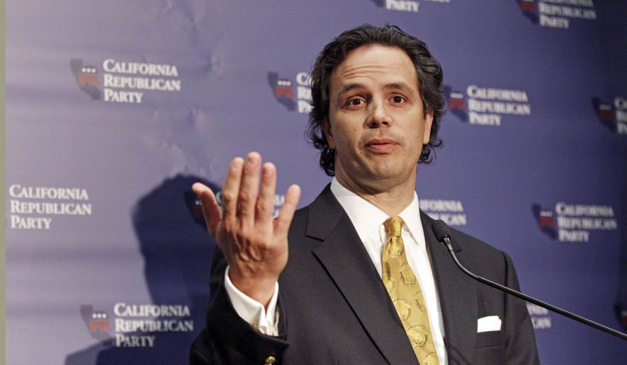 FILE - In this Feb. 24, 2012 file photo, then-California Republican Party Chairman Tom Del Beccaro speaks at a press conference at the party's state convention in Burlingame, Calif. Del Beccaro on Sunday, April 26, 2015 announced that he's undertaking a longshot bid to succeed Barbara Boxer as California's next U.S. senator. The 53-year-old lawyer is the second Republican to enter the 2016 race, joining two-term state Assemblyman Rocky Chavez. (AP Photo/Marcio Jose Sanchez, File)