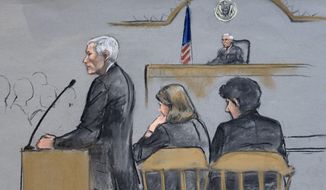 In this courtroom sketch, defense attorney David Bruck addresses the jury during the penalty phase in the trial of Dzhokhar Tsarnaev, seated at right, on Monday, April 27, 2015, in federal court in Boston.  (Jane Flavell Collins via AP) ** FILE **