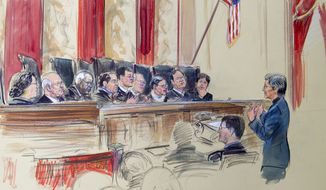 This artist rendering shows civil rights lawyer Mary Bonauto , right, arguing before the U.S. Supreme Court during its hearing on same-sex marriage, Tuesday, April 28, 2015, in Washington. Justices, from left are, Sonia Sotomayor, Stephen Breyer, Clarence Thomas, Antonin Scalia, Chief Justice John Roberts, Anthony Kennedy, Ruth Bader Ginsburg, Samuel Alito Jr. and Elena Kagan. (AP Photo/Dana Verkouteren)