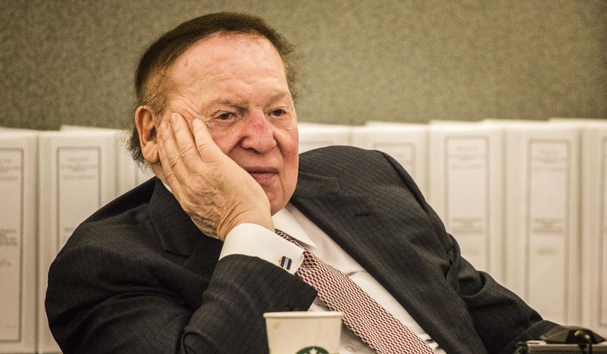 Las Vegas Sands Corp. Chairman and CEO Sheldon Adelson testifies at Clark County Justice Center on Tuesday, April 28, 2015, in Las Vegas. Steven Jacobs, former president of Sands Macau, is suing Sands China and Las Vegas Sands Corp. over a wrongful termination case. (Jeff Scheid/Las Vegas Review-Journal via AP, Pool)