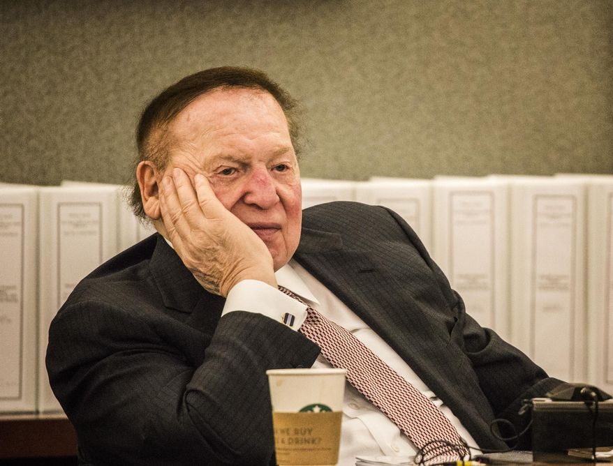 Las Vegas Sands Corp. Chairman and CEO Sheldon Adelson testifies at Clark County Justice Center on Tuesday, April 28, 2015, in Las Vegas. Steven Jacobs, former president of Sands Macau, is suing Sands China and Las Vegas Sands Corp. over a wrongful termination case. (Jeff Scheid/Las Vegas Review-Journal via AP, Pool)
