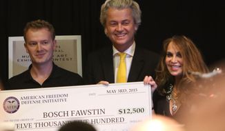Artist Bosh Fawstin, left, is presented with a check for 12,500 by Dutch politician Geert Wilders, center, and Pamela Geller, right, during the American Freedom Defense Initiative program at the Curtis Culwell Center on Sunday, May 3, 2015, in Garland, Texas. (Gregory Castillo/The Dallas Morning News via AP)