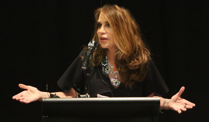 Pamela Geller, co-founder and president of Stop Islamization of America, is shown during the American Freedom Defense Initiative program at the Curtis Culwell Center on Sunday, May 3, 2015, in Garland, Texas. (Gregory Castillo/The Dallas Morning News via AP)