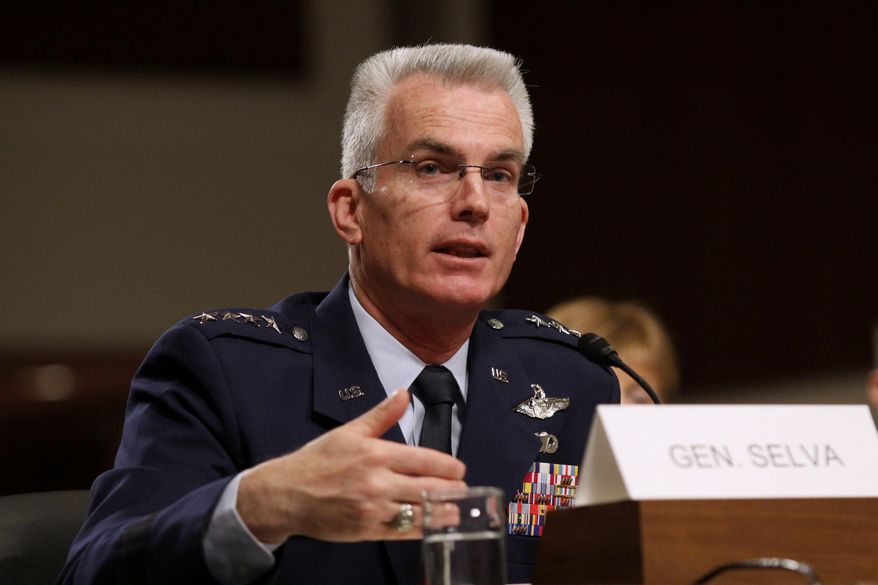 Air Force Gen. Paul Selva testifies on Capitol Hill in Washington on March 11, 2014, before the Senate Armed Services Committee hearing to consider the nomination of Selva for reappointment to the grade of general and to be Commander, United States Transportation Command. Officials on May 4, 2015, said President Barack Obama is tapping Selva to serve as vice chairman of the Joint Chiefs of Staff. (Associated Press) **FILE**