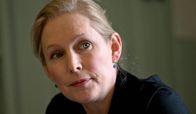 Sen. Kirsten Gillibrand, New York Democrat, said in a report that spouses of service members and civilian women who live or work near military facilities are especially vulnerable to sexual assault and wants them to be counted with military victims. (Associated Press)