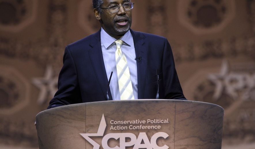File- This March 8, 2014, file photo shows Dr. Ben Carson, professor emeritus at Johns Hopkins School of Medicine, speaking at the Conservative Political Action Conference annual meeting in National Harbor, Md. Carson, a retired neurosurgeon turned conservative political star, has confirmed that he will seek the Republican presidential nomination in 2016. Carson announced his candidacy during an interview aired Sunday, May 3, 2015, by Ohio&#39;s WKRC television station  (AP Photo/Susan Walsh, File)