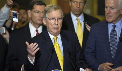 Senate Majority Leader Sen. Mitch McConnell of Ky., accompanied by, from left, Sen. John Barrasso, R-Wyo., Sen. John Thune, R-S.D., and Senate Majority Whip John Cornyn of Texas, speaks during a news conference on Capitol Hill in Washington, Tuesday, May 5, 2015, after a policy luncheon. (AP Photo/Evan Vucci)