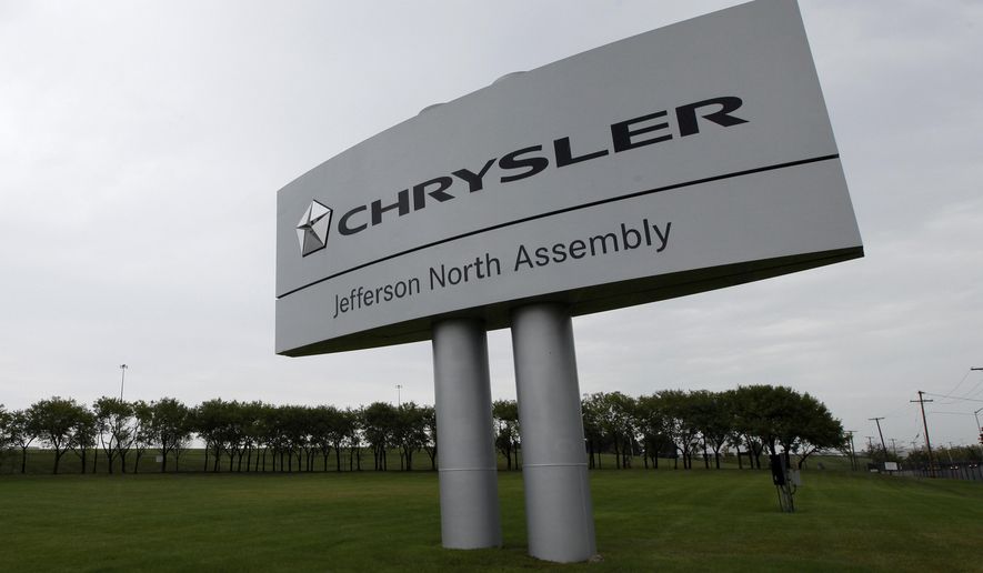 This Sept. 20, 2012 file photo shows a sign at the Chrysler Jefferson North assembly plant in Detroit. Authorities say a worker died Tuesday, May 5, 2015 in an industrial accident at a Chrysler plant in Detroit. (AP Photo/Paul Sancya)