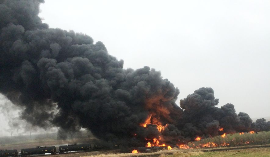 CORRECTS NAME OF SOURCE TO CURT BENSON INSTEAD OF CURT BEMSON - This photo provided by Curt Benson shows smoke and fire coming from an oil train that derailed, Wednesday, May 6, 2015, in Heimdal, N.D. Officials say 10 tanker cars on the BNSF caught fire prompting the evacuation of Heimdal where about three dozen people live. No injuries were reported. (Curt Benson via AP)