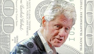 Illustration on Bill Clinton&#39;s duplicity over his foundation&#39;s funding by Alexander Hunter/The Washington Times