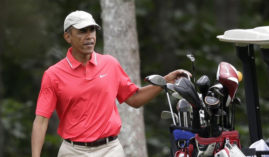 FILE - In this Aug. 23, 2014 file photo, President Barack Obama, wearing a Nike golf shirt, selects a club while golfing at Farm Neck Golf Club, in Oak Bluffs, Mass., on the island of Martha&#x27;s Vineyard. No doubt President Barack Obama is fond of Nike. Golf outings often find him decked out from head to toe in apparel featuring the emblematic company swoosh. Now he’s putting the company logo on his trade agenda. On Friday, the president will visit Nike headquarters in Beaverton, Oregon, to make his trade policy pitch as he struggles to win over Democrats for what could be the last major legislative push of his presidency. But in choosing the giant sneaker and athletic wear company as his backdrop, Obama has stirred a hornets’ nest. (AP Photo/Steven Senne, File)
