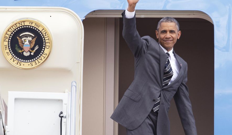 President Barack Obama waves as he boards Air Force One at Andrews Air Force Base, Md., Thursday, May 7, 2015, before traveling to Portland Ore. On Friday, the president will visit Nike headquarter in Beaverton, Ore., to make his trade policy pitch as he struggles to win over Democrats for what could be the last major legislative push of his presidency. But in choosing the giant sneaker and athletic wear company as his backdrop, Obama has stirred a hornet’s nest. (AP Photo/Manuel Balce Ceneta)