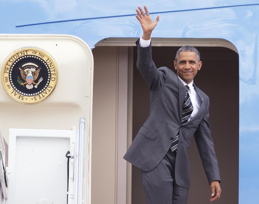 President Barack Obama waves as he boards Air Force One at Andrews Air Force Base, Md., Thursday, May 7, 2015, before traveling to Portland Ore. On Friday, the president will visit Nike headquarter in Beaverton, Ore., to make his trade policy pitch as he struggles to win over Democrats for what could be the last major legislative push of his presidency. But in choosing the giant sneaker and athletic wear company as his backdrop, Obama has stirred a hornet’s nest. (AP Photo/Manuel Balce Ceneta)
