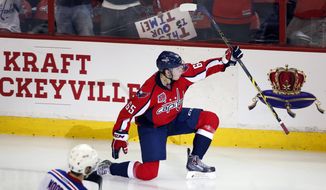 Washington Capitals left wing Andre Burakovsky (65), from Austria, celebrates his game winning goal during the third period of Game 4 in the second round of the NHL Stanley Cup hockey playoffs against the New York Rangers, Wednesday, May 6, 2015, in Washington. The Capitals won 2-1. (AP Photo/Alex Brandon)