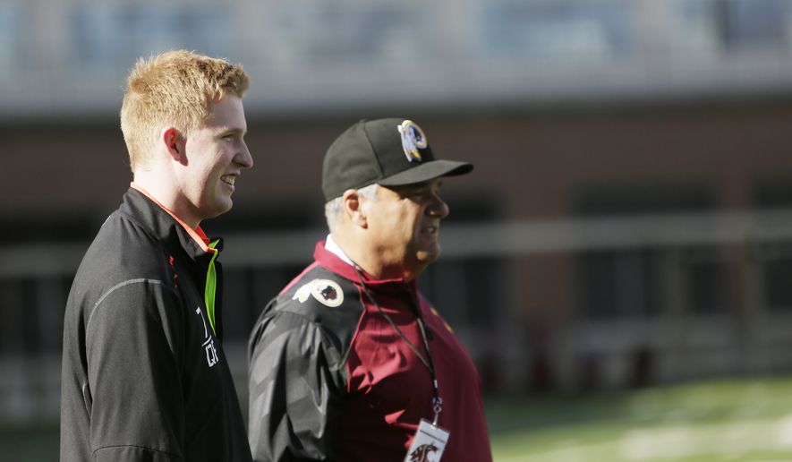 Quarterback Connor Halliday, left, speaks with Washington Redskins scout Jim Zeches during Pro Day at Washington State, Thursday, March 12, 2015, in Pullman, Wash. (AP Photo/Young Kwak)