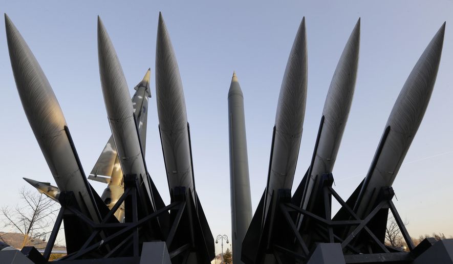 In this Dec. 26, 2014 file photo, a North Korea&#39;s mock Scud-B missile, center, stands among South Korean missiles displayed at Korea War Memorial Museum in Seoul, South Korea. (AP Photo/Ahn Young-joon, File)