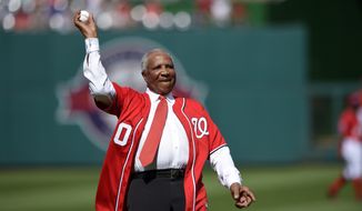 Baseball Hall of Famer Frank Robinson throws out the ceremonial first pitch before a baseball game between the Washington Nationals and the Atlanta Braves, Saturday, May 9, 2015, in Washington. (AP Photo/Nick Wass)