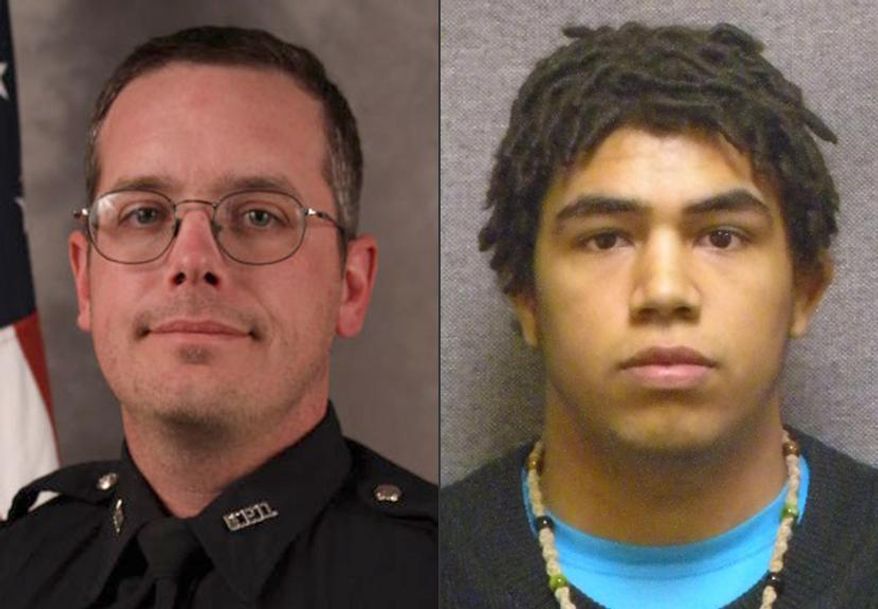 This combination made with file photos provided by the Madison, Wis. police department and Wisconsin Department of Corrections shows Officer Matt Kenny, left, and shooting victim Tony Robinson. A Wisconsin prosecutor said he will announce on Tuesday, May 12, 2015 whether charges will be filed against Kenny, who fatally shot the unarmed Robinson, 19, in an apartment house on March 6 in Madison. (Madison Police Department/Wisconsin Department of Corrections via AP)