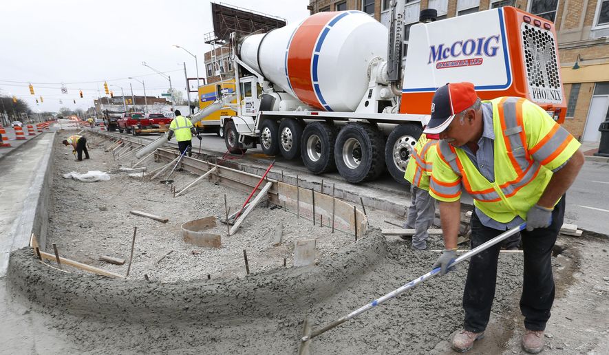 Road construction is shown in Detroit in this file photo from Tuesday, May 5, 2015. On Monday, March 4, 2019, Business Leaders for Michigan released a report Monday calling for tax increases to boost road funding in the Wolverine State (AP Photo/Paul Sancya) **FILE**