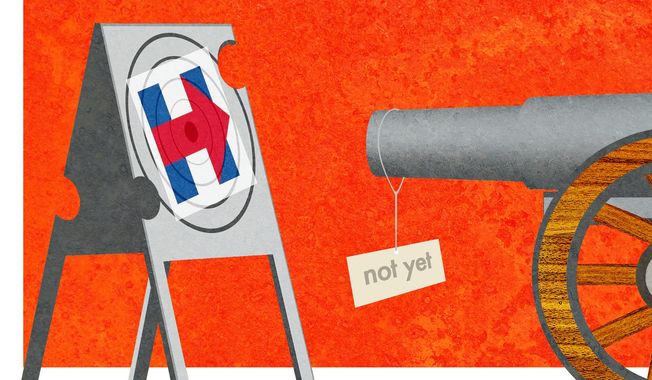 Illustration on the need to hold fire on attacking Hillary Clinton by Alexander Hunter/The Washington Times