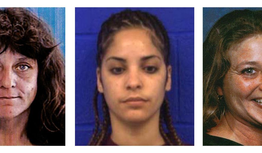 This three photo combination from the State of Connecticut, Division of Criminal Justice shows, from left, Diane Cusack, Joyvaline Martinez and Mary Jane Menard, who are believed to have been murdered by the same offender after they went missing in 2003. The remains of Cusack, Martinez and Menard were found behind a strip mall in New Britain, Conn., during 2007. The remains of at least four more people have been found behind the mall, according to authorities Monday, May 11, 2015, who were investigating a possible serial killer. (State of Connecticut, Division of Criminal Justice via AP)