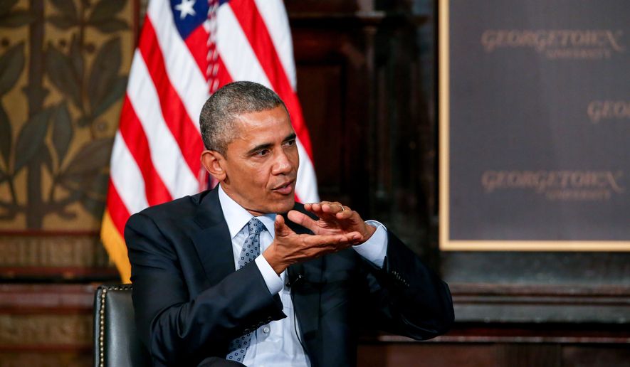 President Barack Obama speaks at the Catholic-Evangelical Leadership Summit on Overcoming Poverty at Gaston Hall at Georgetown University in Washington, Tuesday, May 12, 2015. The president said that "it's a mistake" to think efforts to stamp out poverty have failed and the government is powerless to address it. (AP Photo/Andrew Harnik)