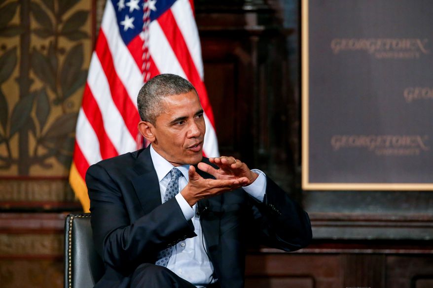President Barack Obama speaks at the Catholic-Evangelical Leadership Summit on Overcoming Poverty at Gaston Hall at Georgetown University in Washington, Tuesday, May 12, 2015. The president said that "it's a mistake" to think efforts to stamp out poverty have failed and the government is powerless to address it. (AP Photo/Andrew Harnik)