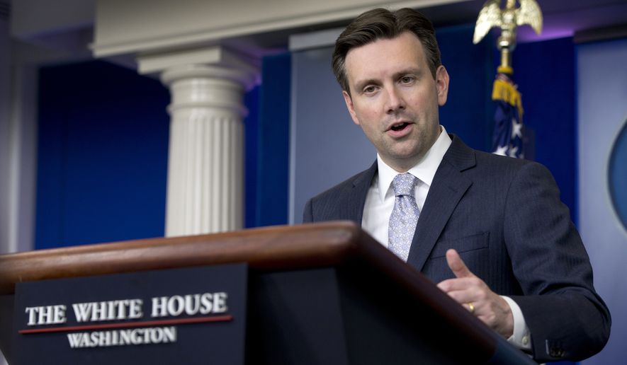 White House press secretary Josh Earnest speaks during the daily news briefing at the White House in Washington, Tuesday, May 12, 2015. Earnest discussed the much-anticipated Senate vote on trade, and other topics. (AP Photo/Carolyn Kaster)
