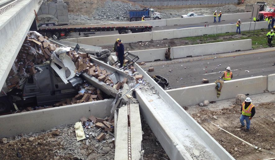 FILE - In this March 26, 2015 file photo, authorities investigate a tractor-trailer that crashed into an overpass under construction, in Salado, Texas. A state report on the March truck accident in Central Texas that brought down an Interstate 35 bridge says the driver was inattentive and hauling an illegal oversize load when his rig caused the collapse. (AP Photo/The Killeen Daily Herald, Clay Thorp, File)