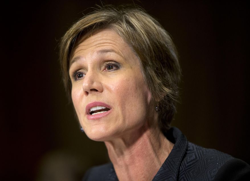 FILE - In this March 24, 2015, file photo, Deputy Attorney General nominee Sally Quillian Yates testifies on Capitol Hill in Washington, before the Senate Judiciary Committee hearing on her nomination. The Senate confirmed her on Wednesday, May 13, to be deputy attorney general, putting two women in the top posts at the Justice Department. (AP Photo/Pablo Martinez Monsivais, File)