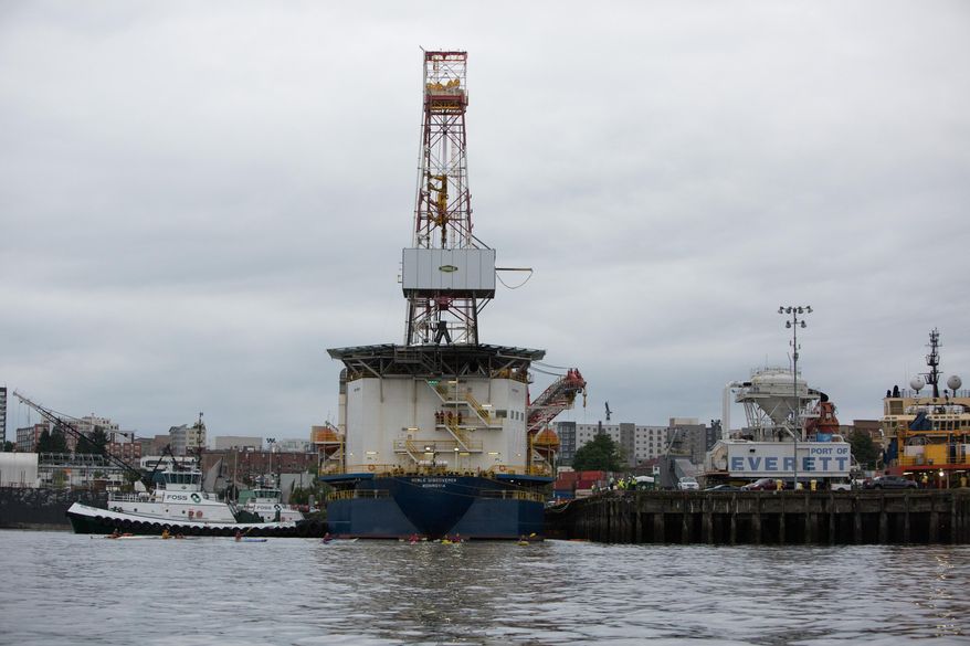 Shell's Arctic drilling vessel the Noble Discoverer arrives in Everett, Wash. on Tuesday, May 12, 2015. The rig arrived just as the Port of Seattle voted to delay the arrival of Shell's Polar Pioneer drill rig in Seattle. (Daniella Beccaria/seattlepi.com via AP) MAGS OUT; NO SALES; SEATTLE TIMES OUT; TV OUT; MANDATORY CREDIT