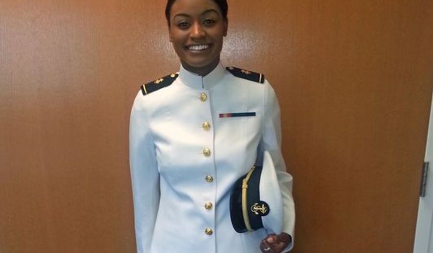 The prototype dress uniform for women has the same high collar as the men&#39;s. (Courtesy of the U.S. Navy)
