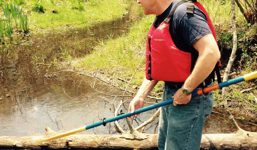 In this photo taken Thursday, May 7, 2015, Mark Ducharme, of the Michigan Department of Environmental Quality, shows where some oil remains in the ground in a wetland next to the Kalamazoo River in Calhoun County, Mich. An Enbridge Inc. pipeline ruptured in 2010, spilling more than 800,000 gallons of crude oil into Talmadge Creek and the river. The state of Michigan and Enbridge Energy have filed a settlement related to the spill. Enbridge has agreed to restore or create 300 acres of wetlands in the Kalamazoo River watershed in southwestern Michigan (AP Photo/Edward J. White)