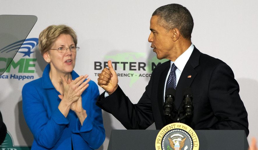 FILE - In this Feb. 23, 2015, file photo, Sen. Elizabeth Warren, D-Mass. applauds as President Barack Obama makes the thumbs up sign as he arrives to speak at AARP in Washington. When Obama huffed that Warren was a "politician like everybody else" he revealed a rift that predates the current hostilities between the two Democrats over trade. Though occasional allies, Warren has been aggravating the Obama administration since her pre-Senate days when she chaired an oversight panel charged with being a watchdog over the massive federal bank bailout. (AP Photo/Jacquelyn Martin, File)